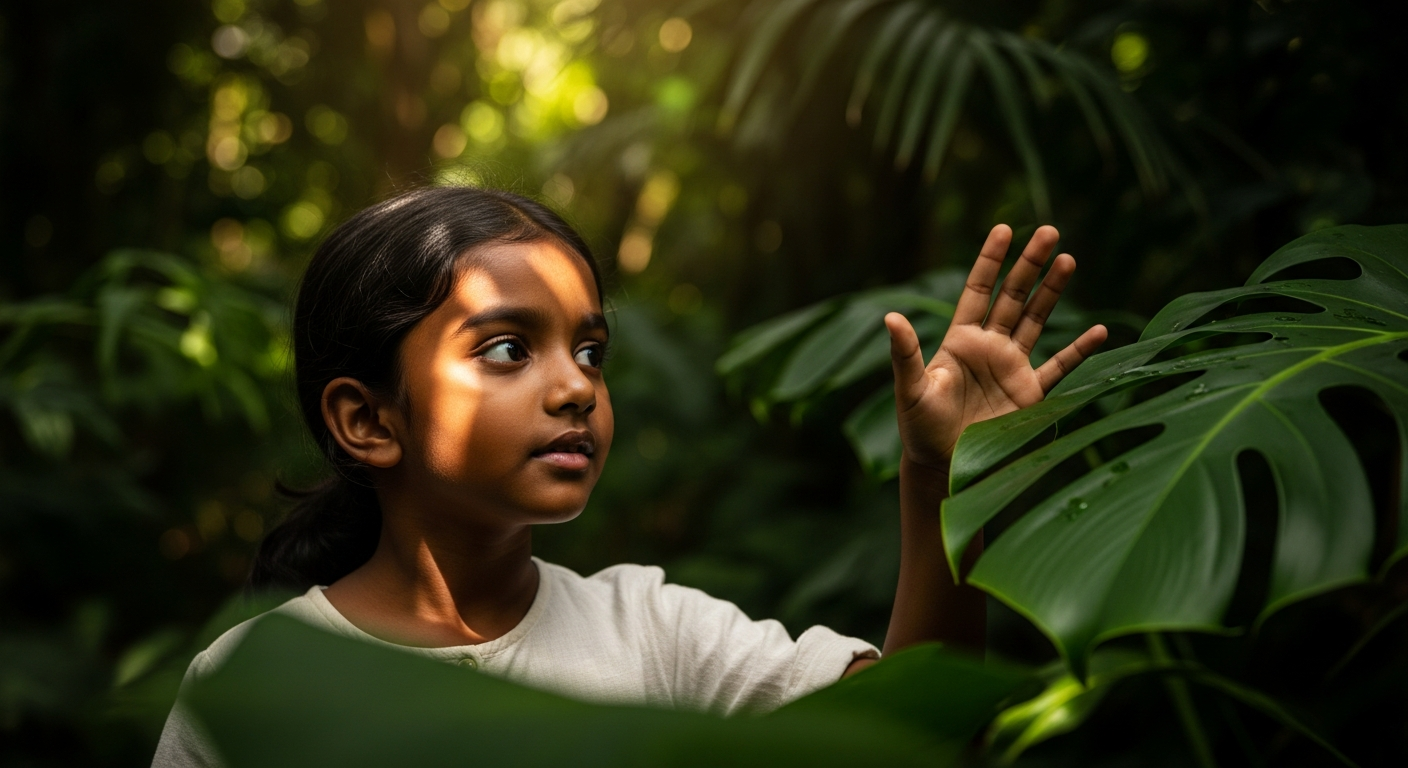 Young South Asian girl curiously exploring a lush tropical plant leaf in a garden, dappled sunlight