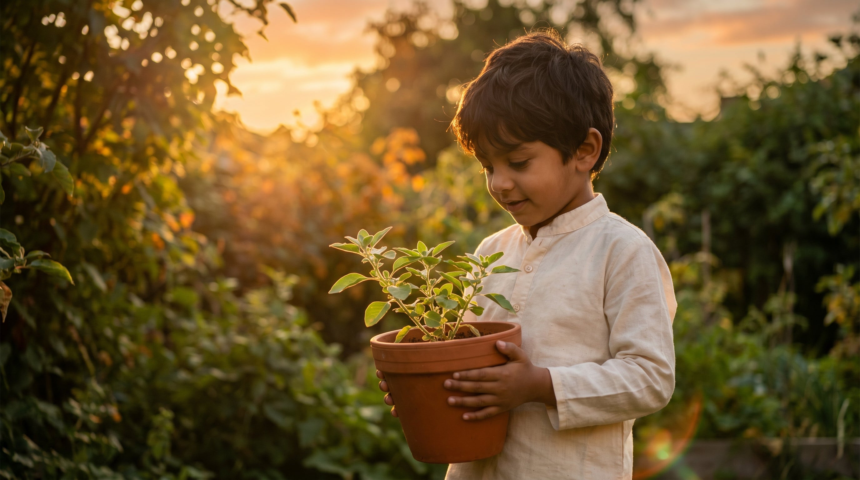 South Asian boy age 6 with ashwagandha plant in golden garden light — Raised Mighty