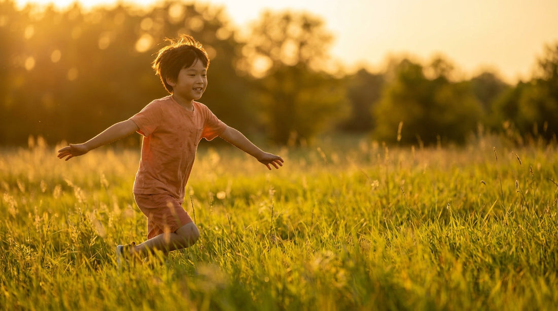 Asian boy running outdoors in golden afternoon sunlight — astaxanthin for kids antioxidant vitality