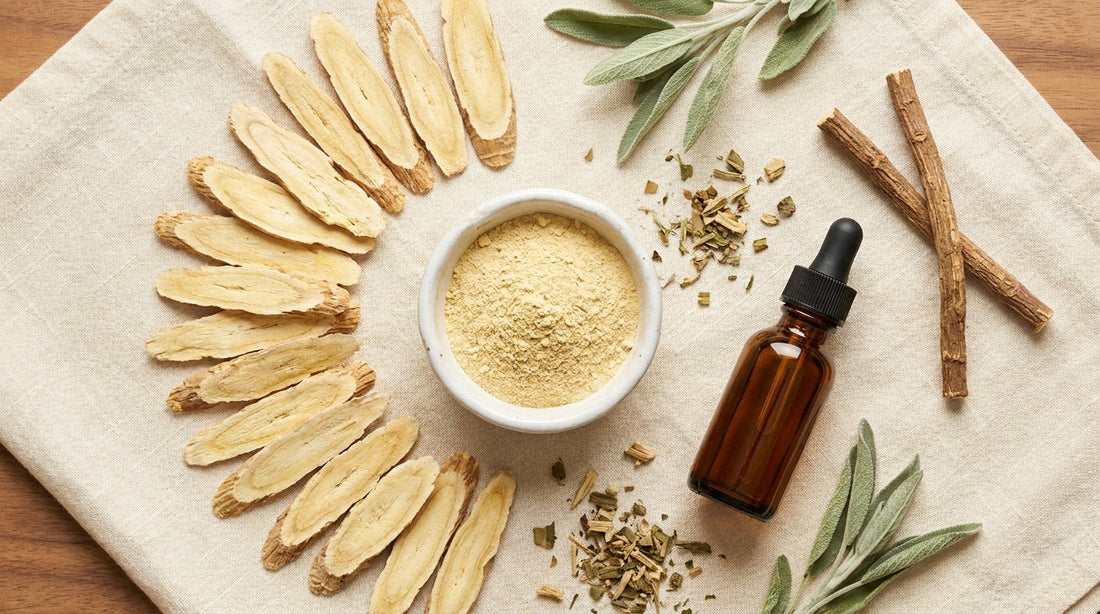 Dried astragalus root and herbs on warm linen — natural immune support for kids