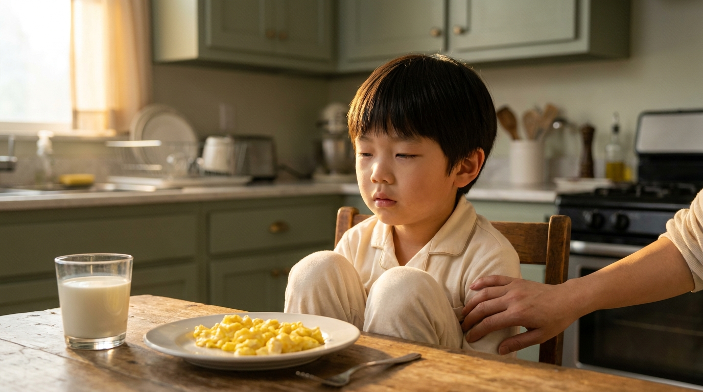 East Asian boy age 6 looking tired at breakfast table with untouched eggs and milk — signs of B12 deficiency in children