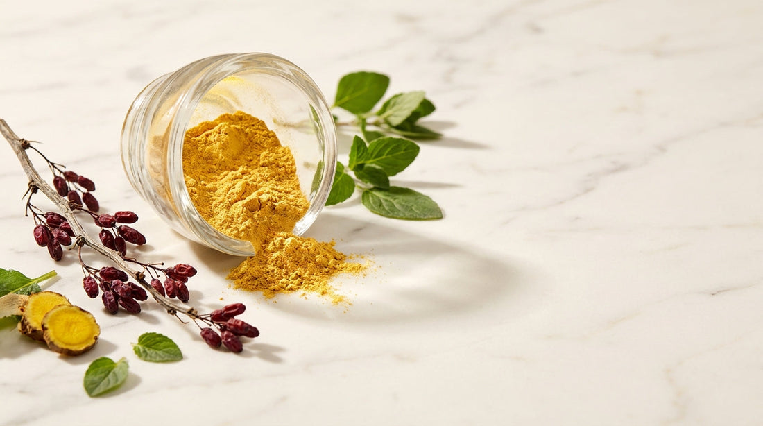 Golden berberine powder with barberry botanicals on white marble — berberine for kids guide