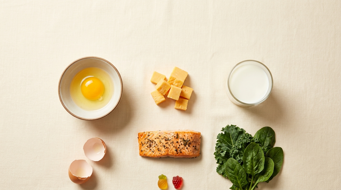 Best B12 supplement for kids — overhead flatlay of vitamin B12 rich foods including eggs, cheese, salmon and greens