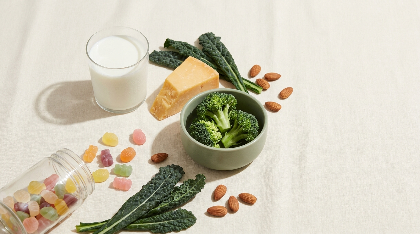Best calcium supplement for kids — overhead editorial flatlay of calcium-rich foods and colorful gummies on cream linen
