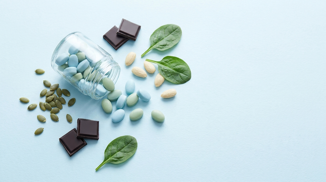 Best magnesium supplement for kids — three purple magnesium gummies on white marble with pumpkin seeds, editorial still life photography