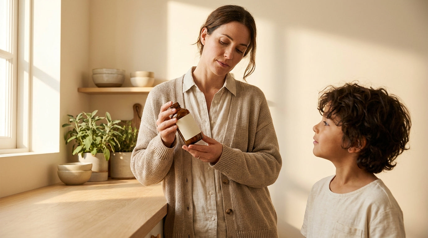 A mother carefully reviewing a kids protein powder label while her child looks on trustingly — thoughtful parental decision-making