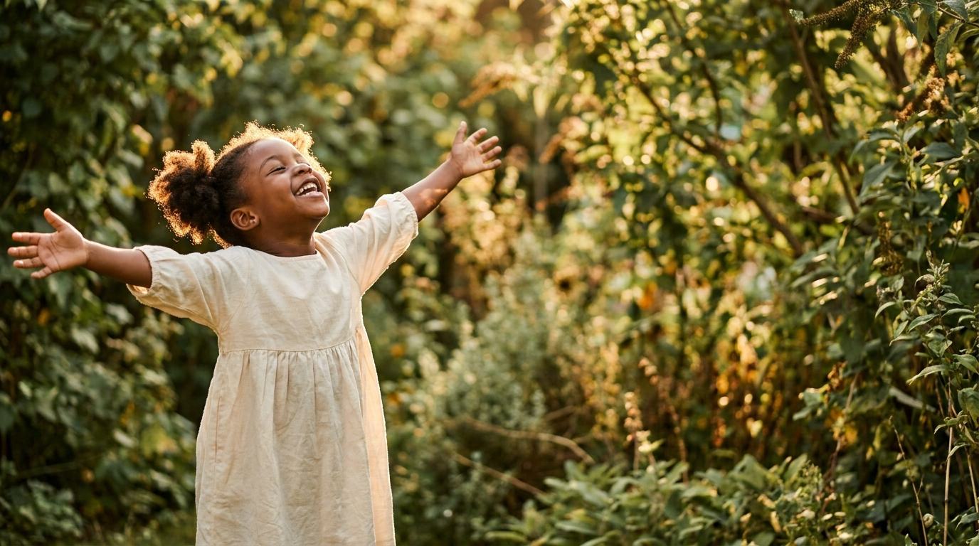 Child playing joyfully in golden sunlight representing vitamin D the sunshine vitamin