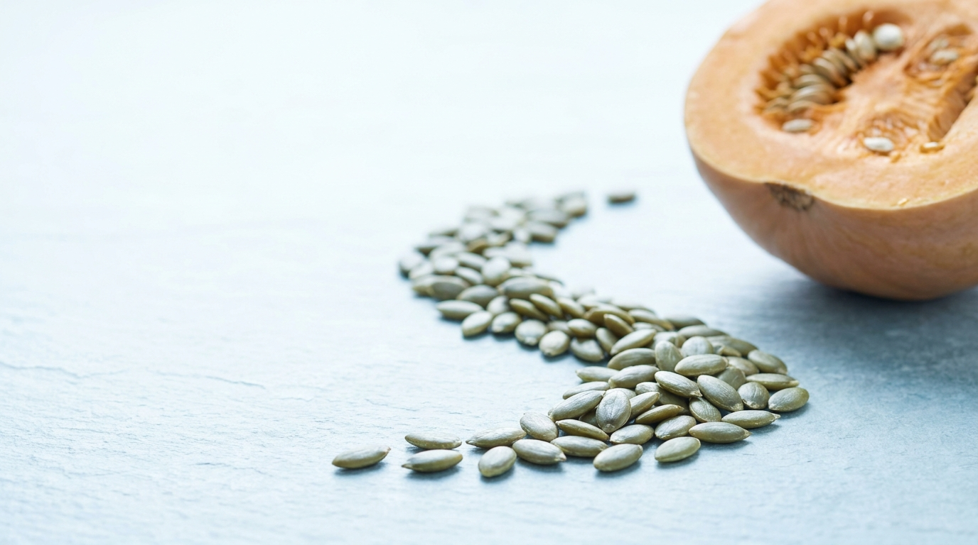 Best zinc supplement for kids — pumpkin seeds on ice-blue slate editorial hero