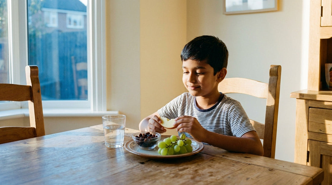 South Asian boy eating fruit at breakfast — boron-rich foods for kids