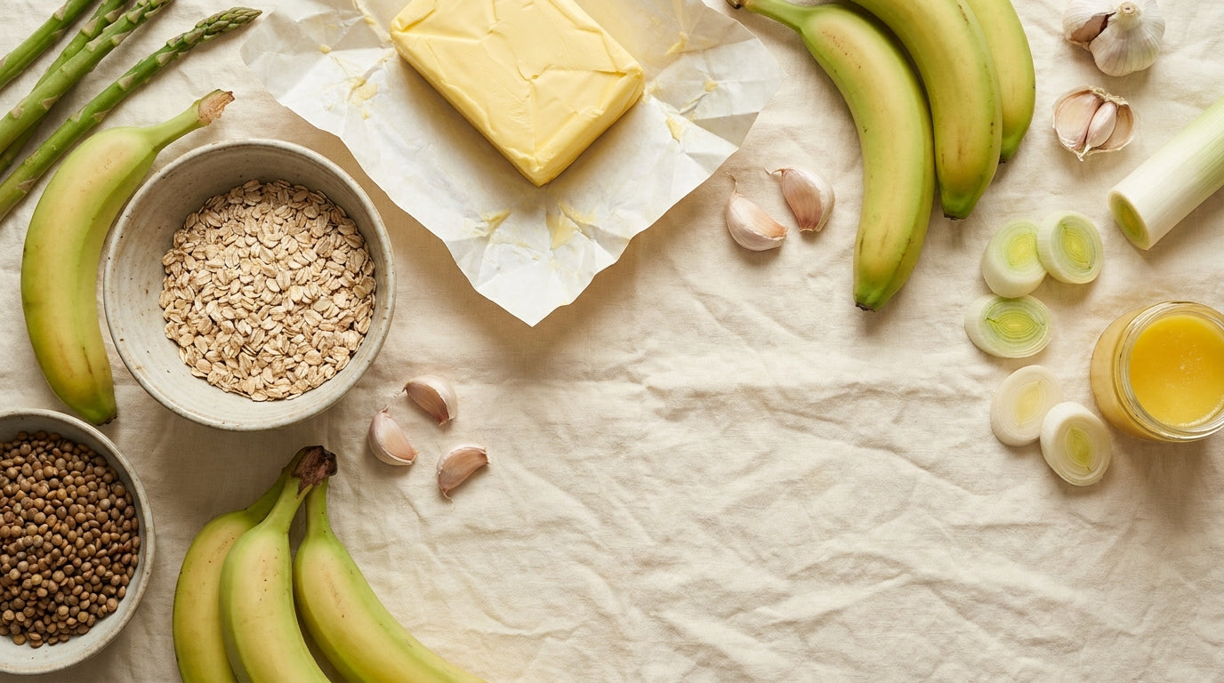 Overhead flatlay of foods high in butyrate including grass-fed butter, oats, bananas, lentils and garlic on cream linen