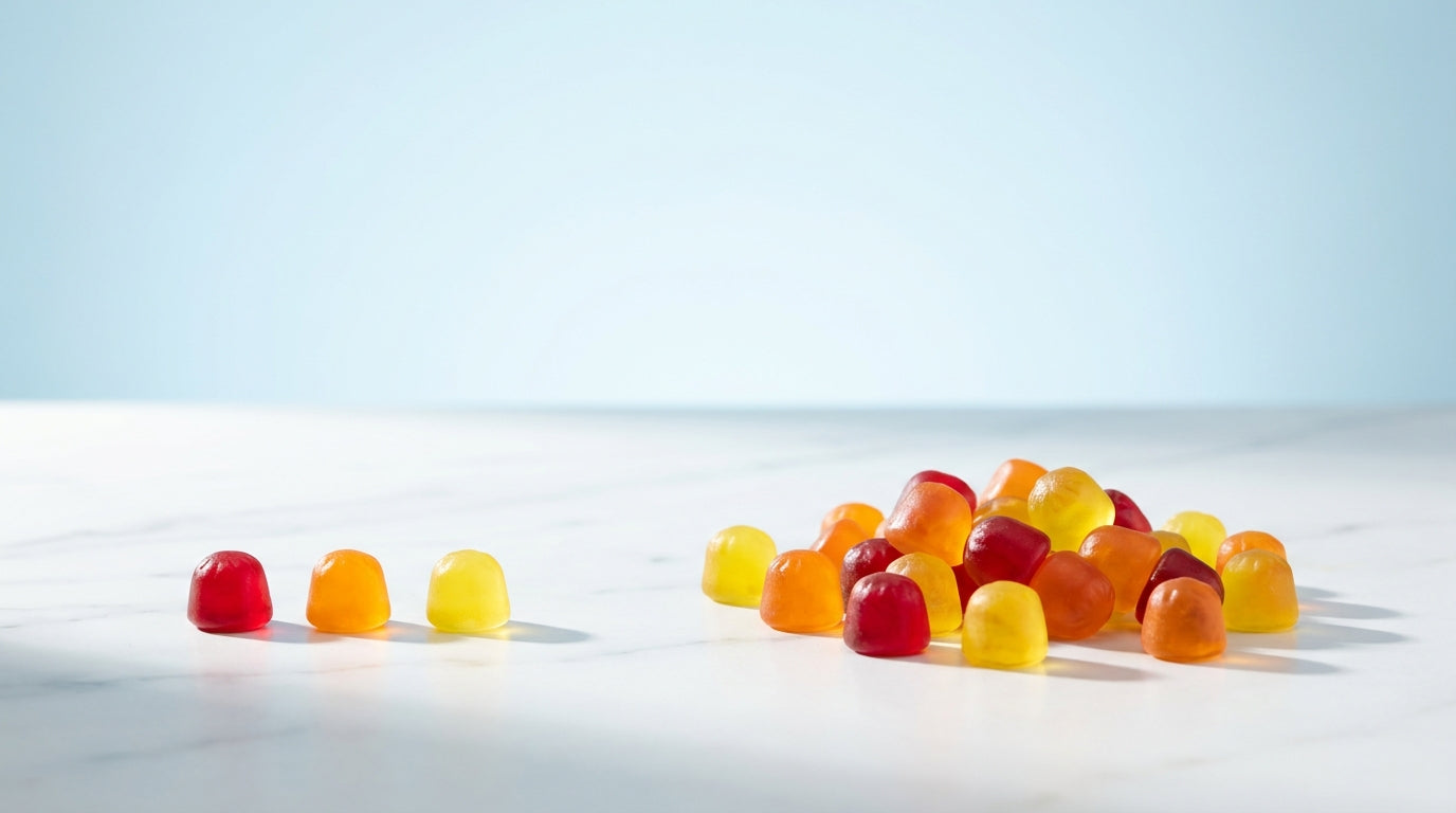 Safe dose vs too many gummy vitamins on white marble surface
