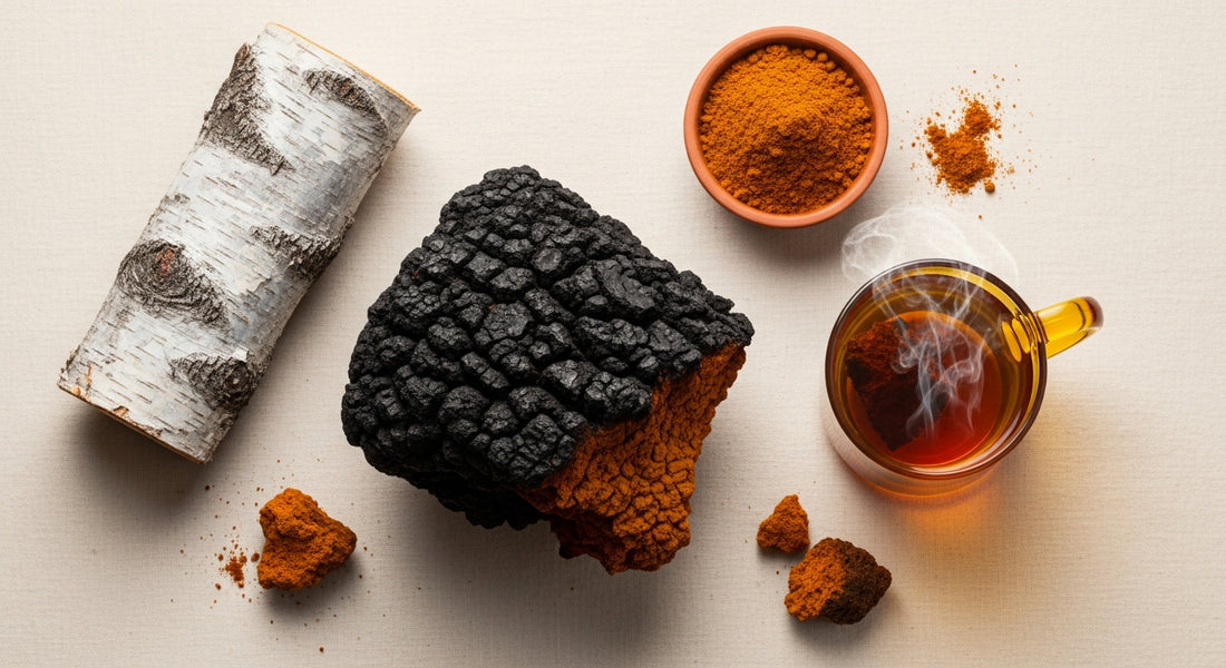 Chaga mushroom editorial flat lay — raw chaga chunk, powder, and tea on cream linen