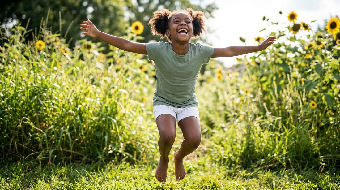 Black girl age 9 leaping joyfully in a sunlit garden, vibrant sage-green shirt, pure childhood energy