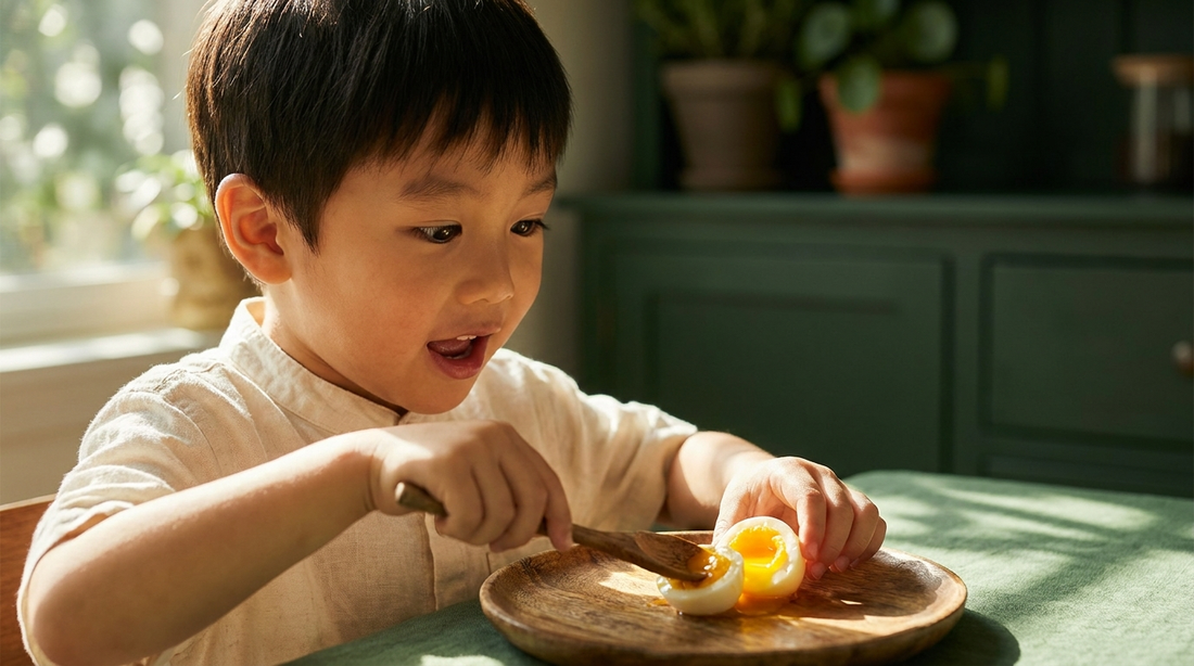 East Asian boy age 5 discovering egg yolk with wonder — choline for kids