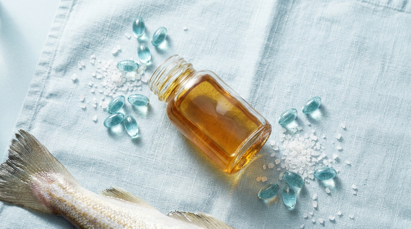 Cod liver oil ingredients editorial flat lay — omega-3 capsules and golden amber oil