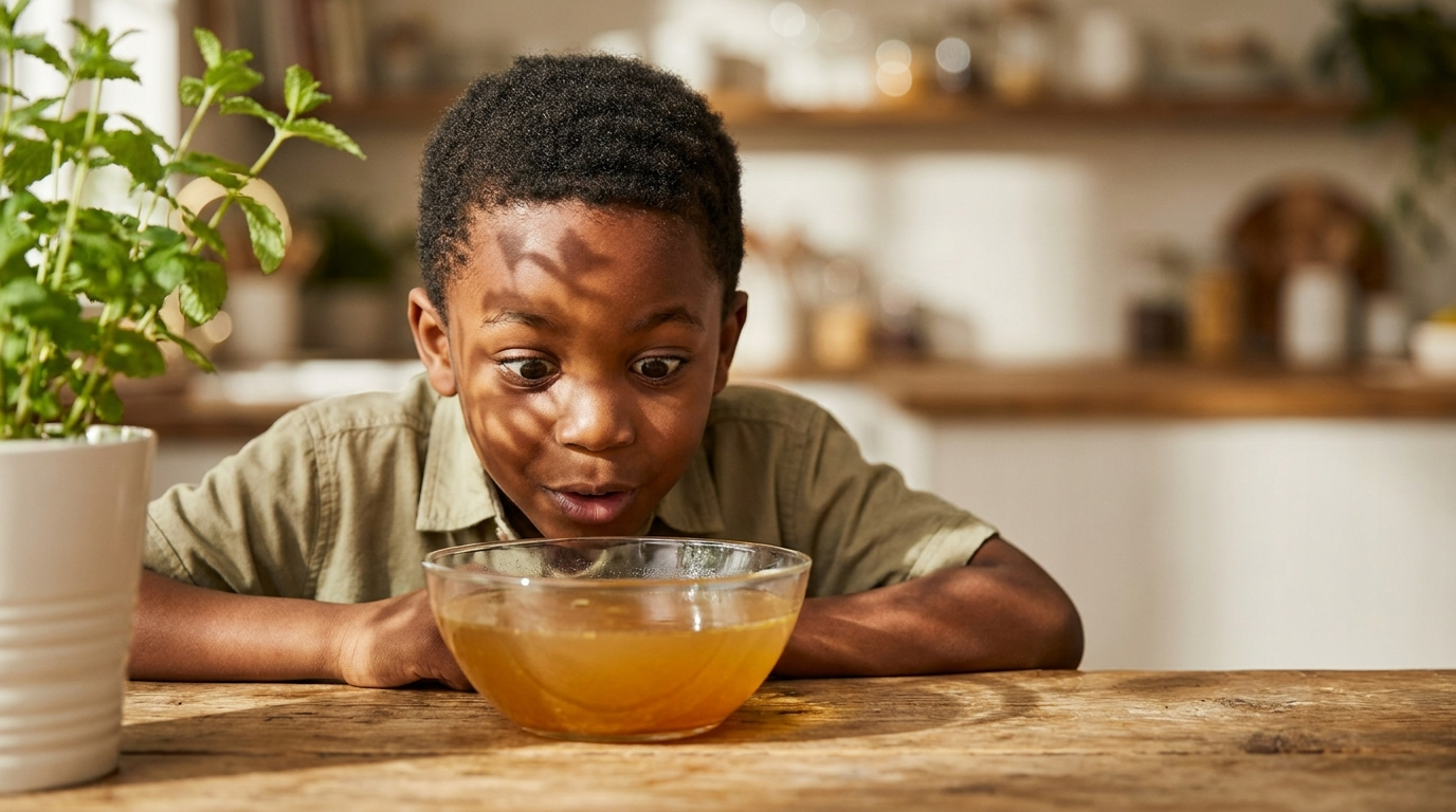 Black boy discovering bone broth soup — collagen for kids guide