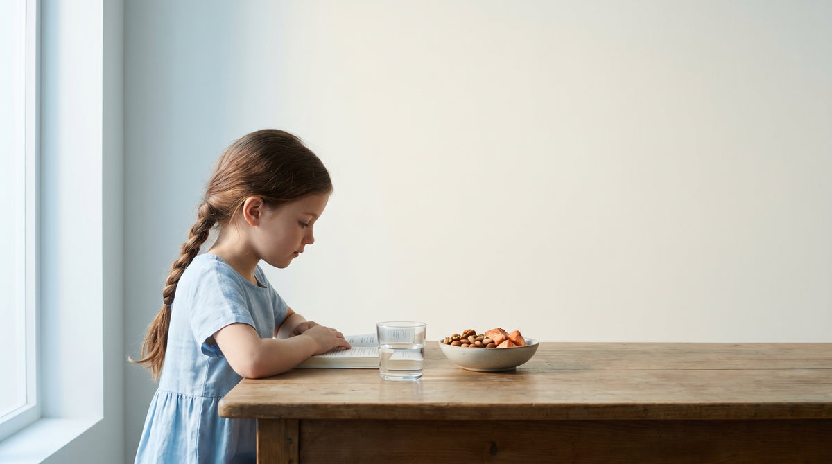 White girl age 7 at sunlit wooden desk — CoQ10 for kids — Raised Mighty