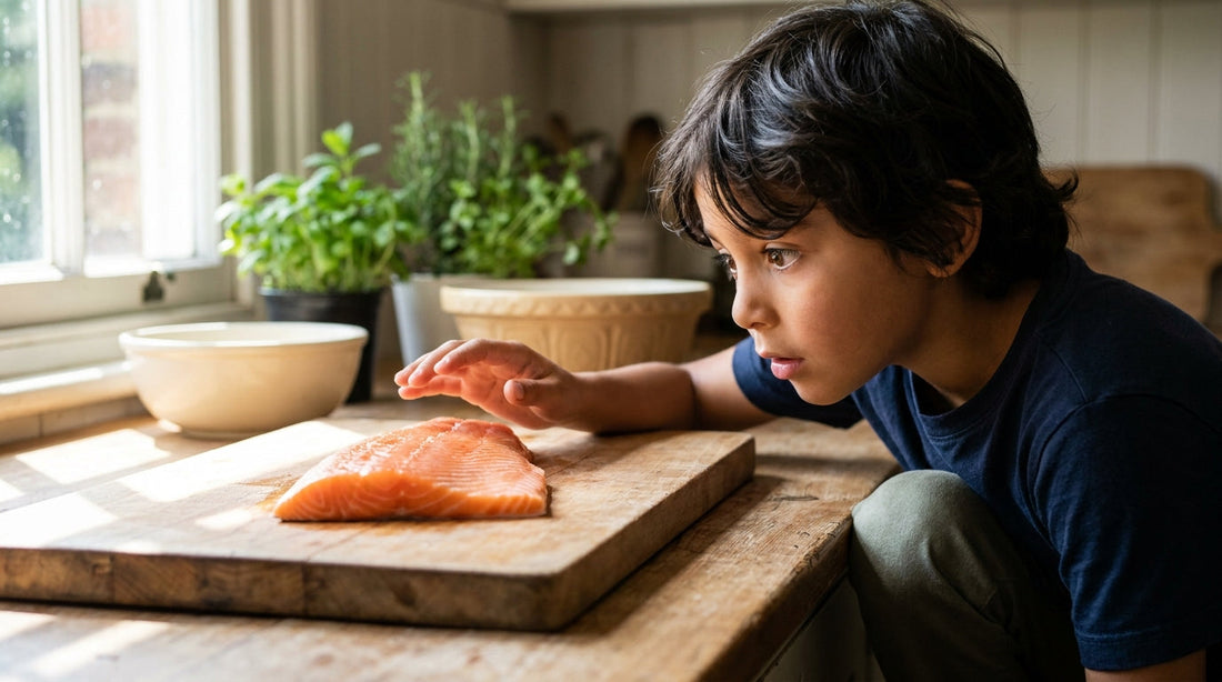 Latino boy examining salmon with curiosity — creatine for kids guide