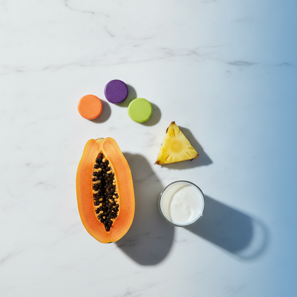 Digestive enzyme chewables for kids on white marble with papaya and pineapple — editorial product photography