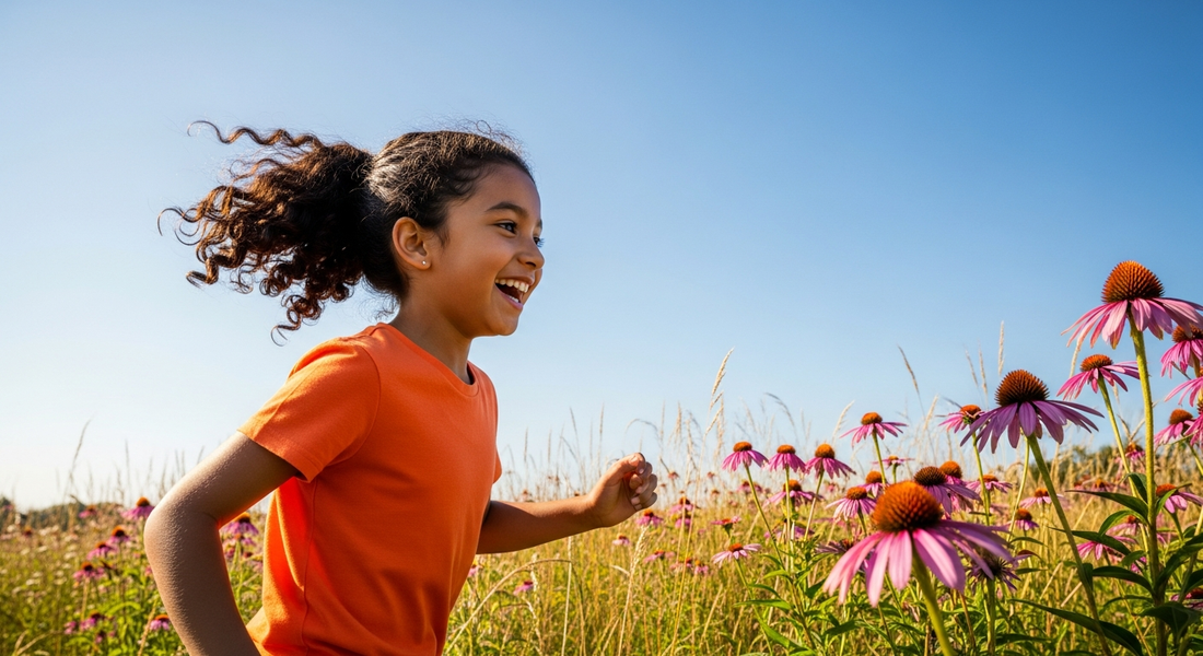 Latina girl running joyfully through a meadow of purple echinacea coneflowers — echinacea for kids immune support guide