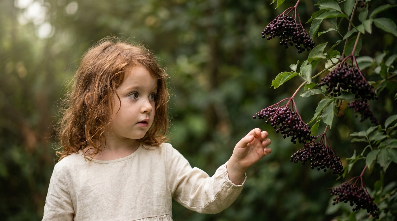 Child reaching toward dark purple elderberry cluster in dappled garden light — elderberry for kids immune support