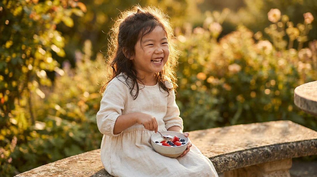 East Asian girl eating yogurt with berries outdoors in golden afternoon light, representing fermented foods for kids immune health