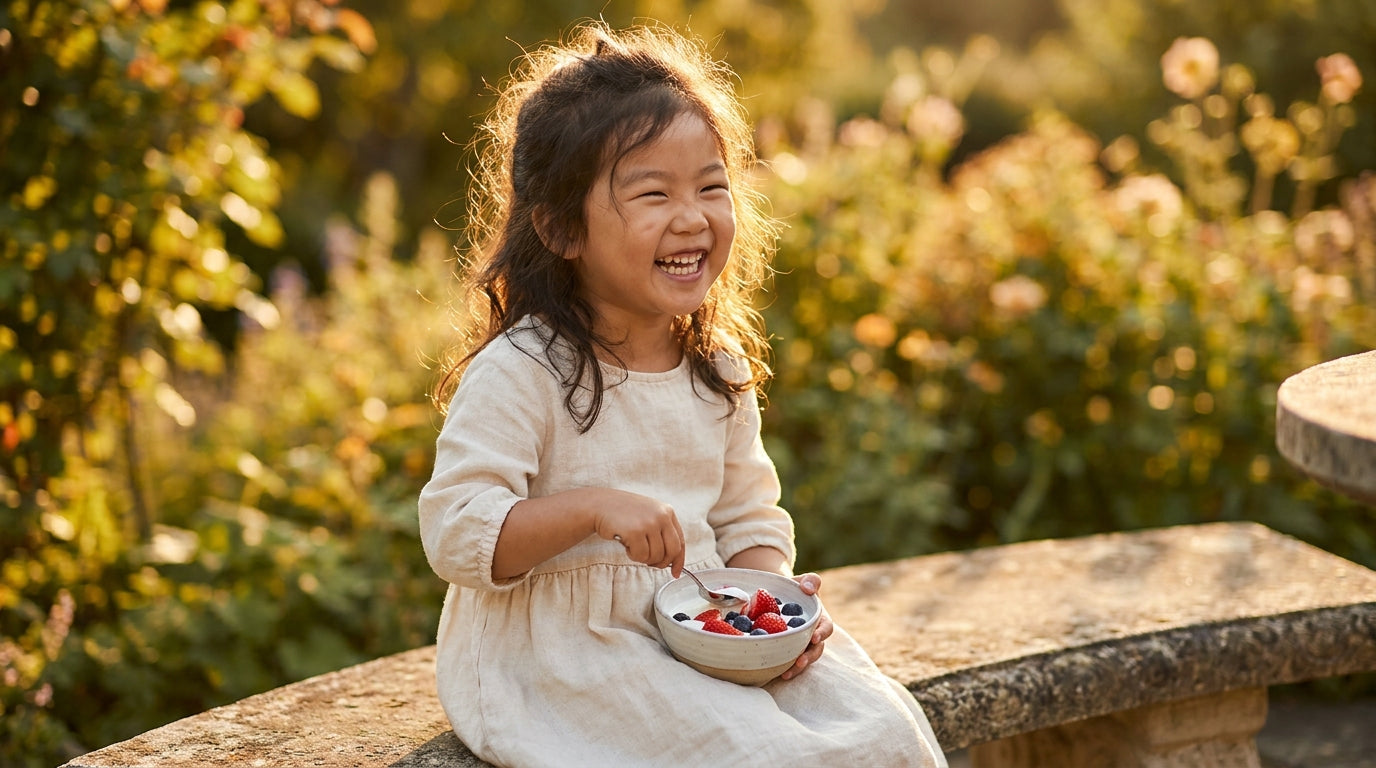 East Asian girl eating yogurt with berries outdoors in golden afternoon light, representing fermented foods for kids immune health