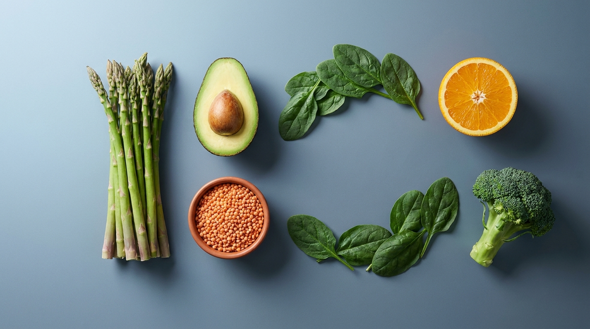 Folate-rich foods flat lay - asparagus, avocado, lentils, spinach on slate