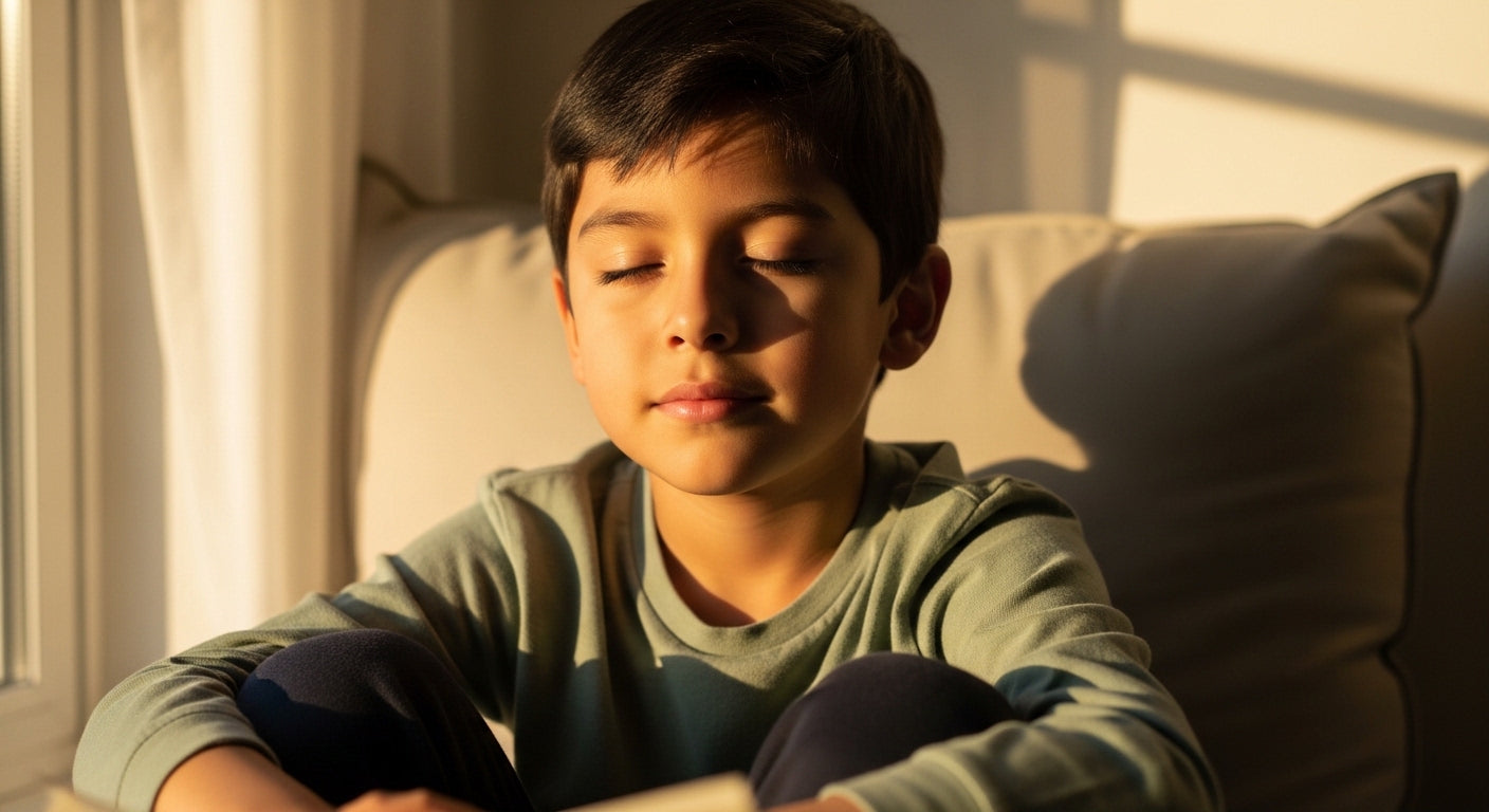 Young child in a calm, peaceful morning moment — illustrating GABA supplement support for kids' anxiety and sleep