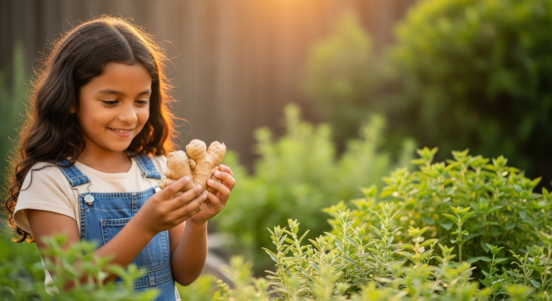 Hispanic girl holding fresh ginger root in herb garden, warm golden afternoon light — ginger benefits for kids