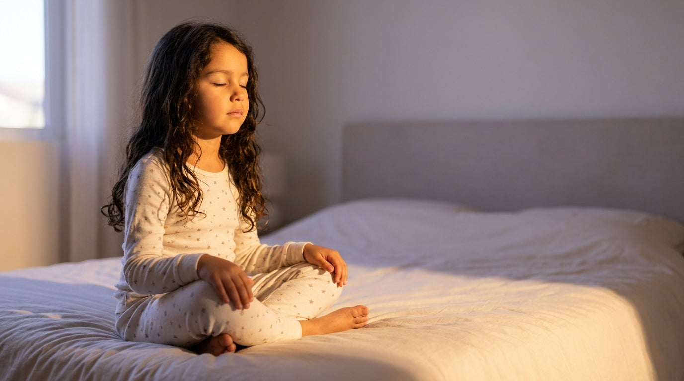 Hispanic girl age 7 in cream star pajamas sitting calmly on bed edge in soft morning light — glycine for kids