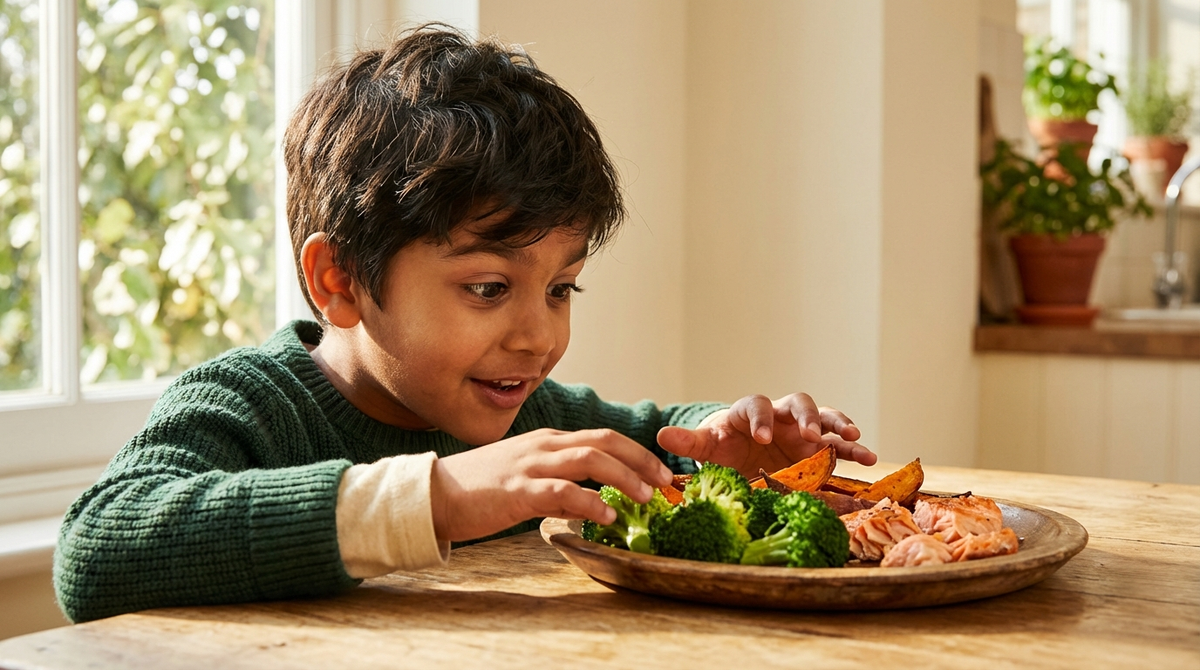 ADHD diet for kids — colorful brain-supporting foods on a wooden plate with a child discovering them