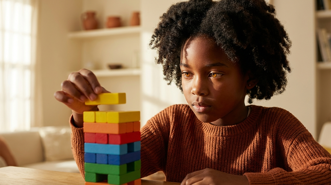 Young girl with natural hair intensely focused while building colorful blocks — illustrating deep concentration and focus in children with ADHD