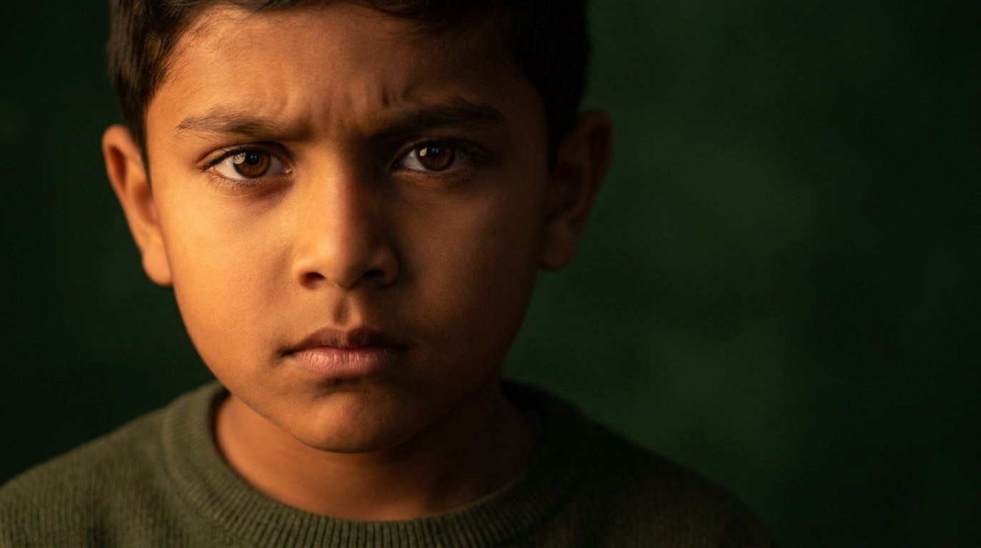 Best focus supplements for kids — South Asian boy with intense concentrated expression, editorial portrait