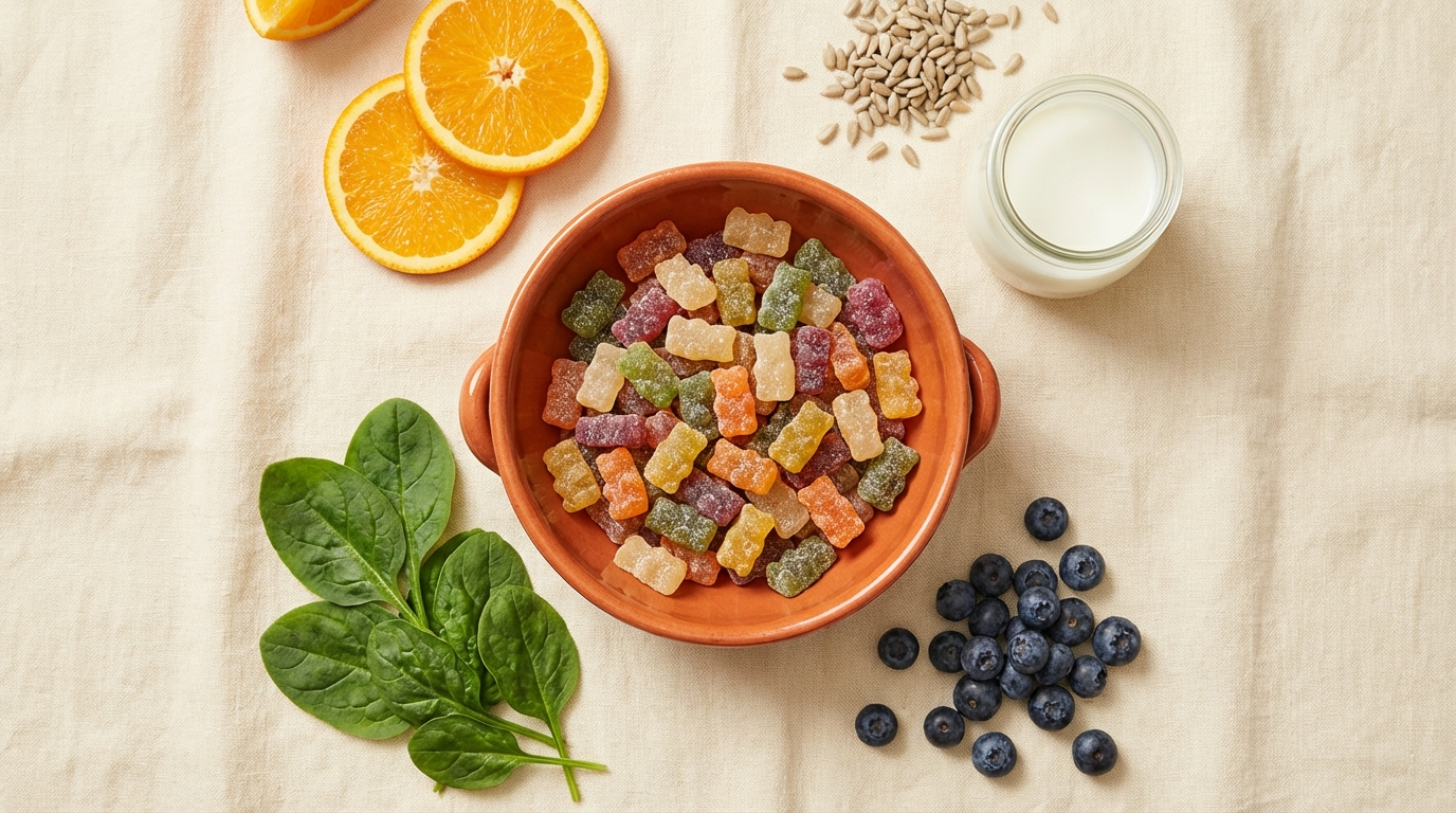 Best kids multivitamin — overhead flat lay of colorful gummy vitamins with whole foods