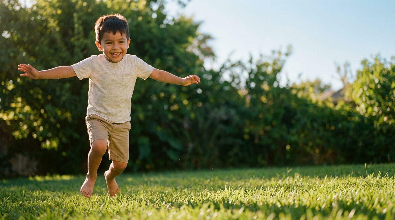 Joyful Latino boy leaping mid-air in sunlit backyard — omega-3 supports kids' energy, brain and vitality