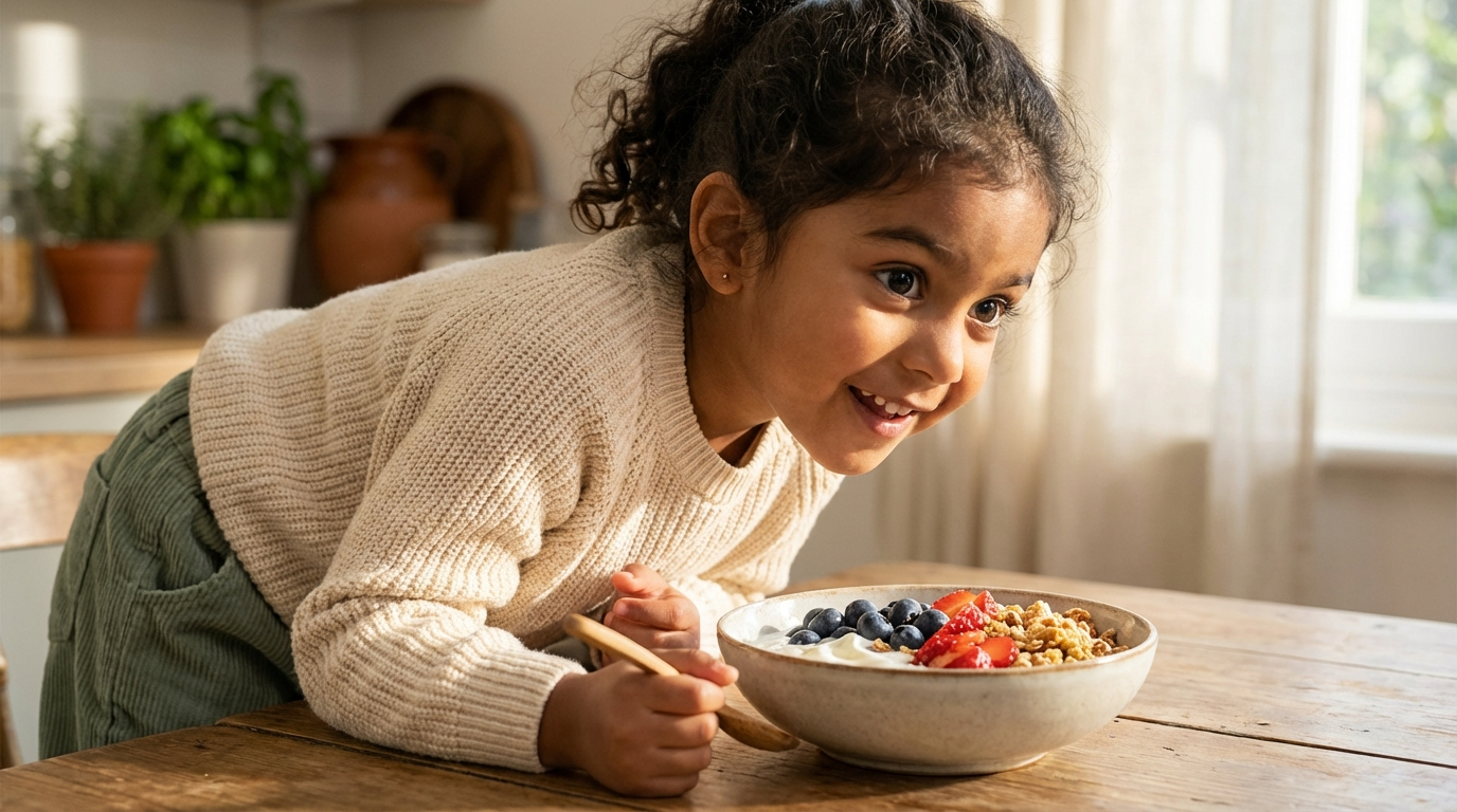 South Asian girl discovering a colorful bowl of yogurt with blueberries and granola — best probiotics for kids
