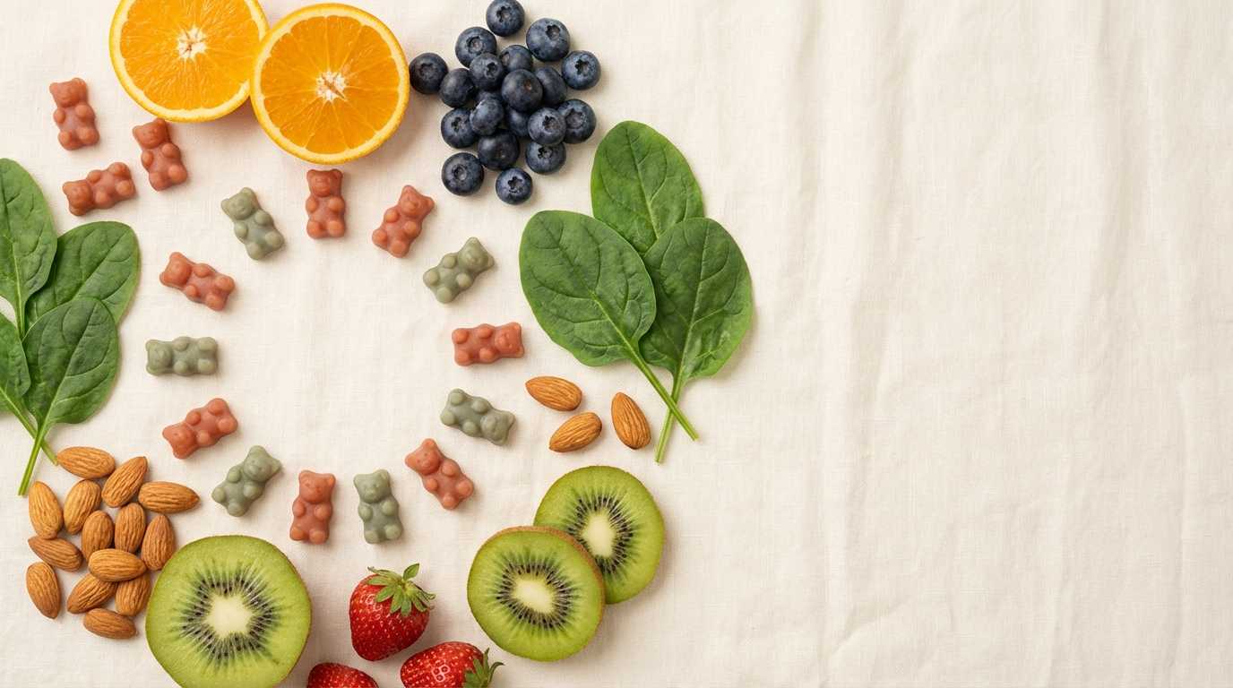 Overhead editorial flatlay of colorful gummy vitamins surrounded by vitamin-rich whole foods including oranges, blueberries, almonds, and spinach on cream linen
