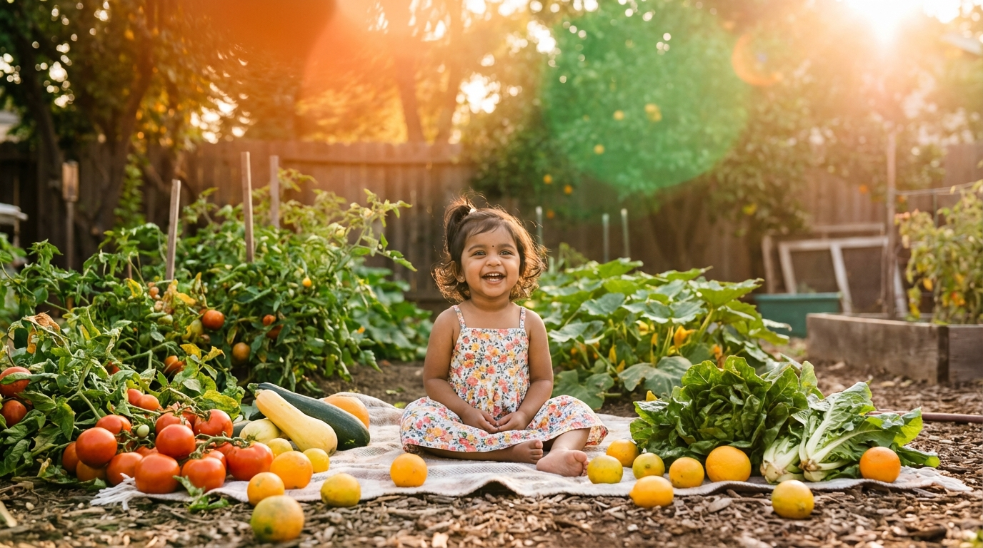 Toddler girl in sunlit garden at golden hour