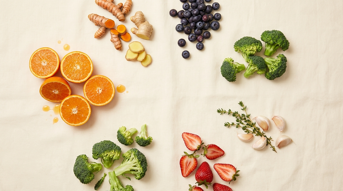 Overhead editorial flat lay of immune-boosting foods for kids — oranges, turmeric, blueberries, broccoli, ginger on cream linen