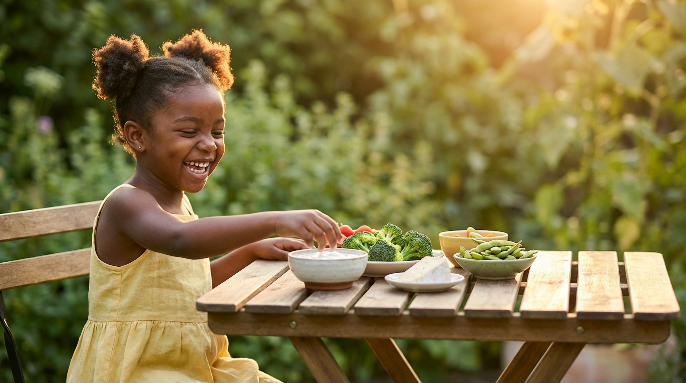 A child enjoying calcium-rich foods outdoors in golden afternoon light