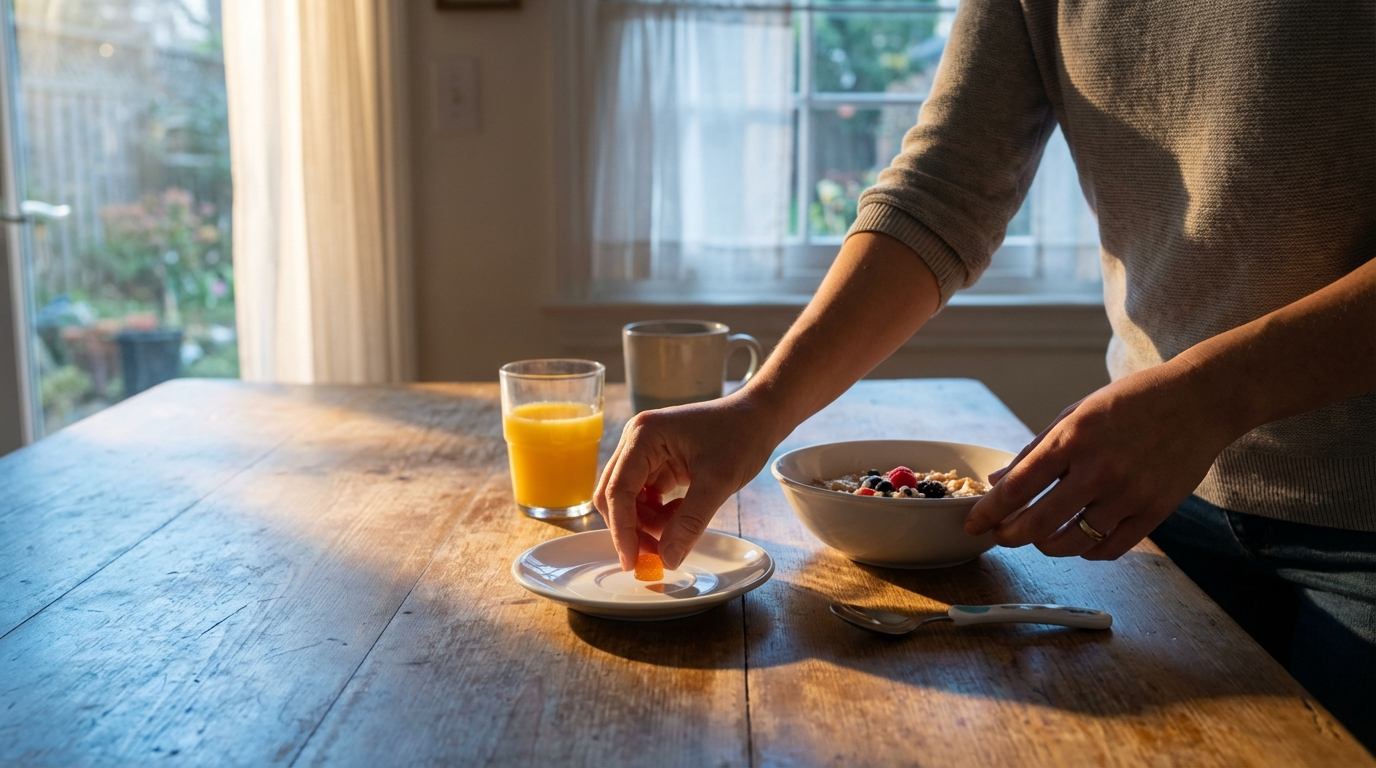 Peaceful morning kitchen scene with mother and child