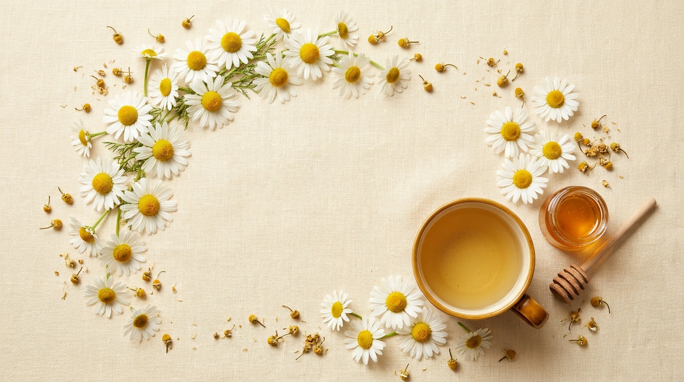 Chamomile flowers, tea cup, and honey jar editorial flatlay on cream linen