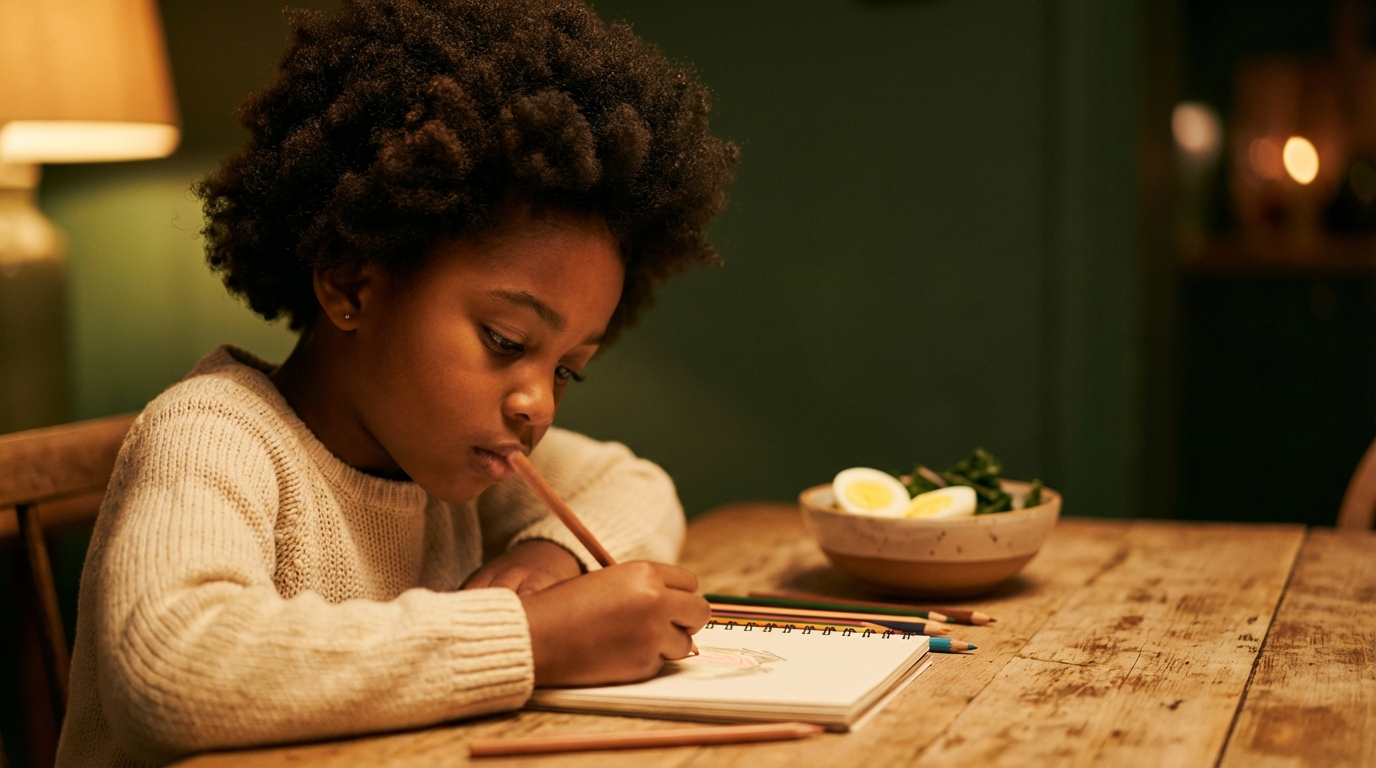 Black girl age 7 with natural coil afro, focused and absorbed in drawing at a wooden table — choline foods for kids hero