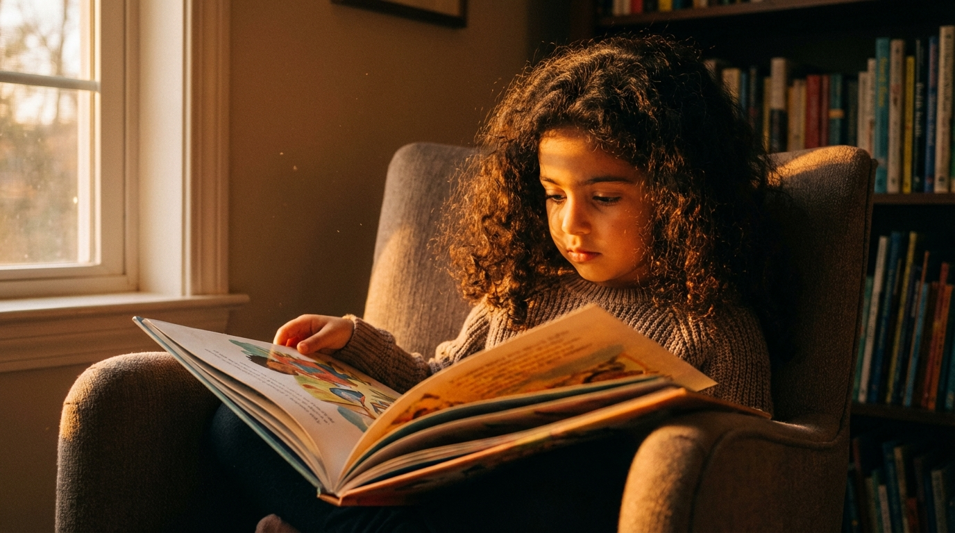 Child absorbed in reading a picture book — DHA supports the brain development behind every learning moment