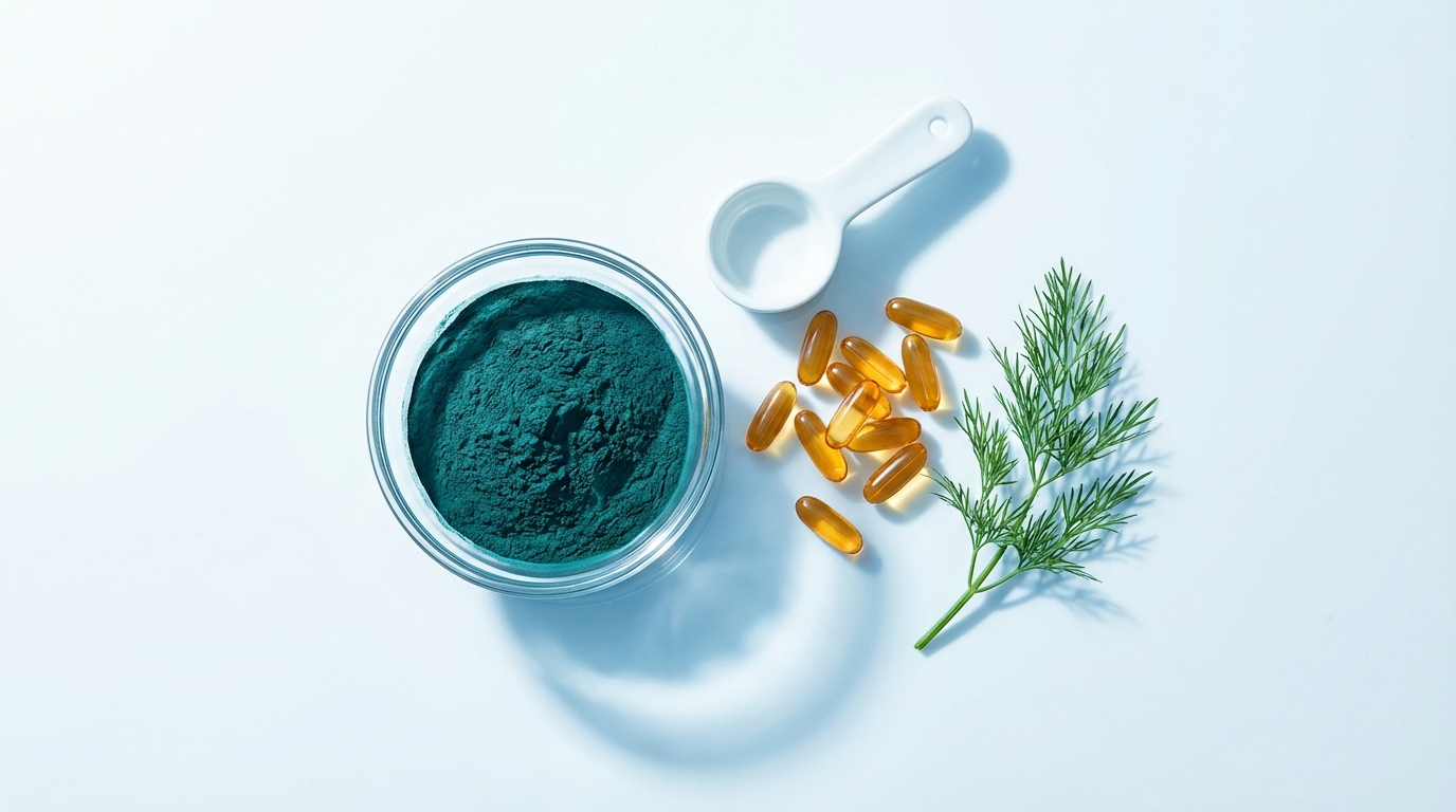 DHA omega-3 microalgae ingredients on clean white surface