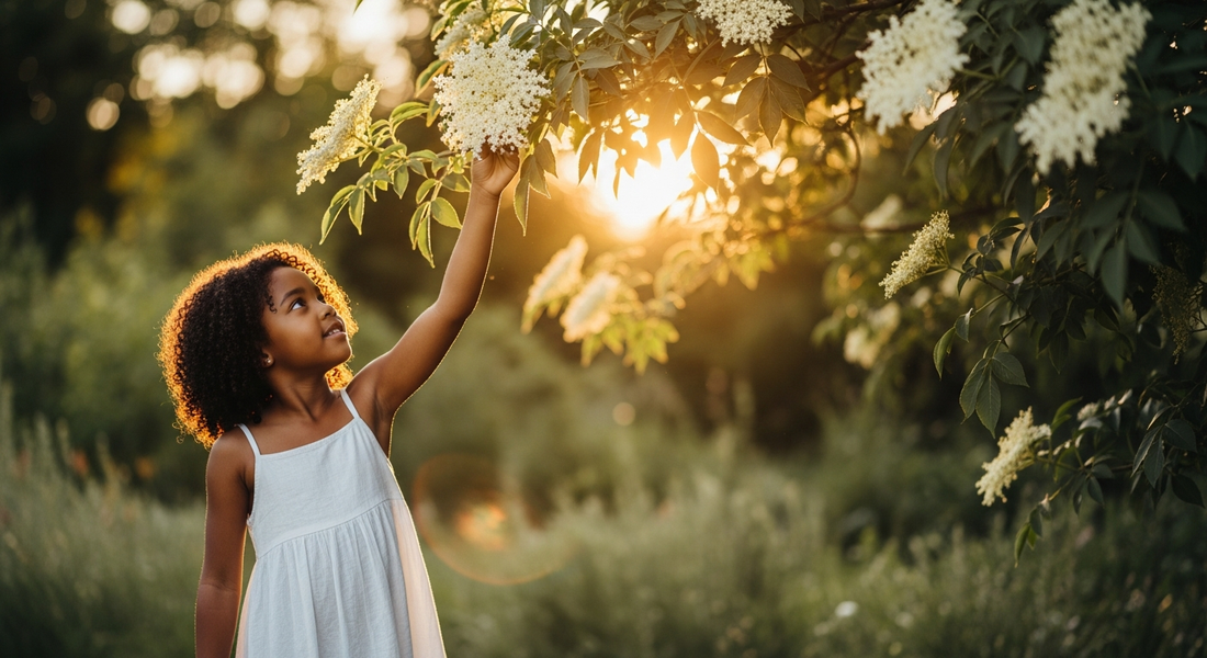 Black girl age 9 reaching toward white elderflower clusters in golden afternoon garden — elderflower for kids