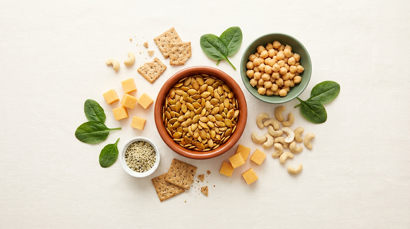 Overhead editorial flatlay of zinc-rich foods for kids including pumpkin seeds, chickpeas, cashews, and whole grains on cream linen