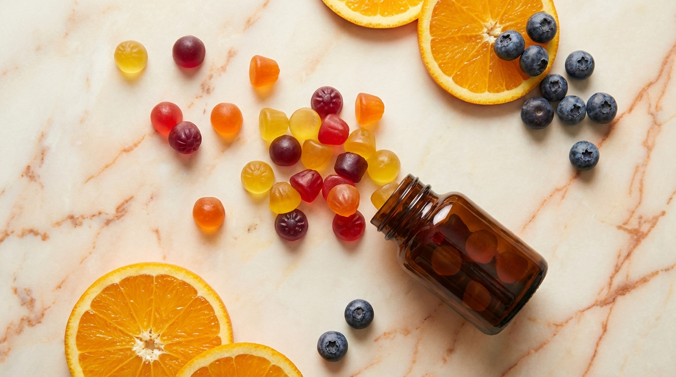 Colorful gummy vitamins flat lay with orange and blueberries
