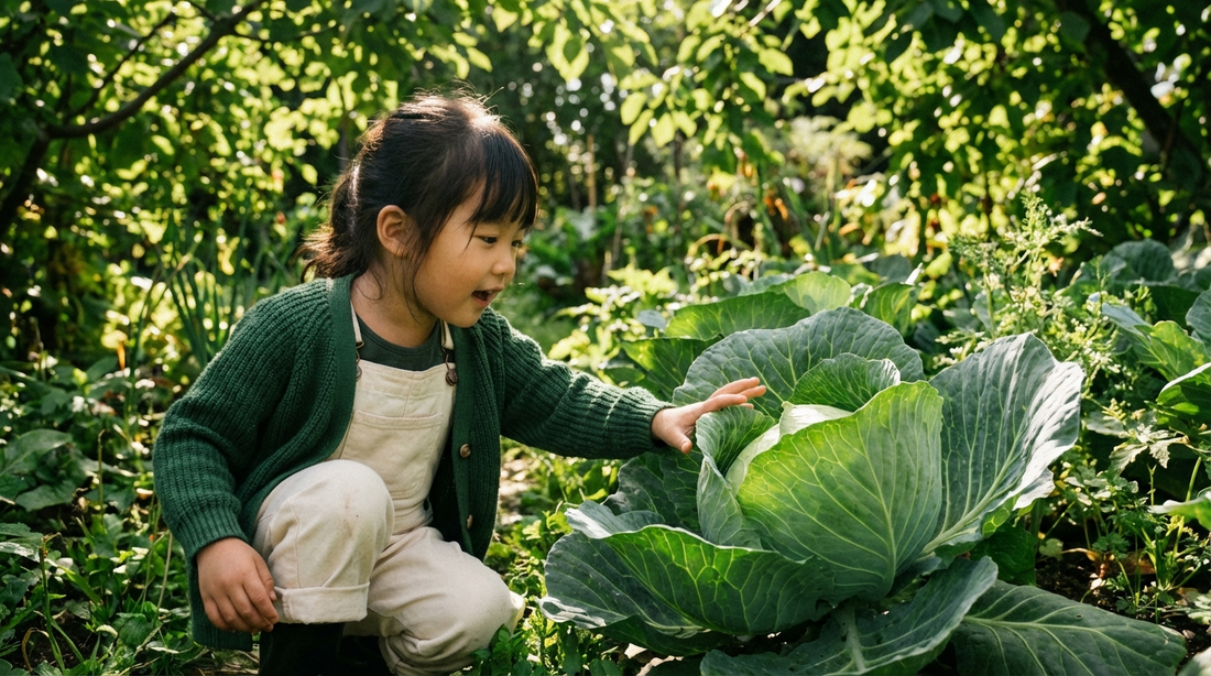Curious girl discovering vegetables in garden